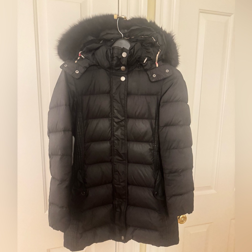 Burberry Brit Nova Check Lining Belted Puffer Down Hooded Fox Fur Jacket Small
